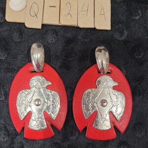 Item #Q244   Red Leather with Silver tone Eagles Earrings